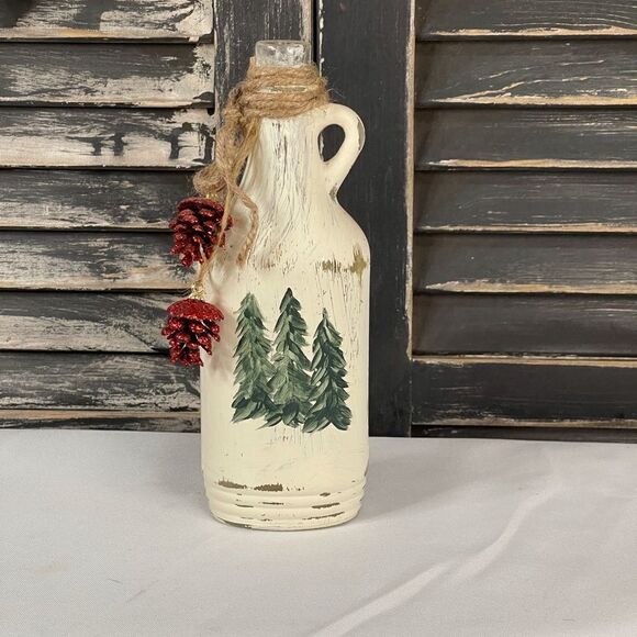 Hand Painted Pine Trees on old bottle Red Pine Cones - Picture 1 of 4